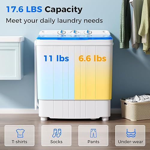 Miniatura 2 de Giantex Lavadora portátil, 17.6 libras Compacta Lavadora Spinner Combo con bomba de drenaje, doble tina de 11 libras de lavado y giro de 6.6 libras,