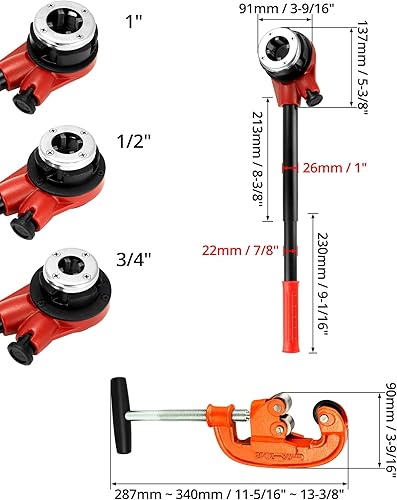 Miniatura 6 de QWORK Kit de roscas de tubo, cortador de tubos resistente de 18 a 2 pulgadas con 2 ruedas de corte de repuesto + herramienta manual de roscado de