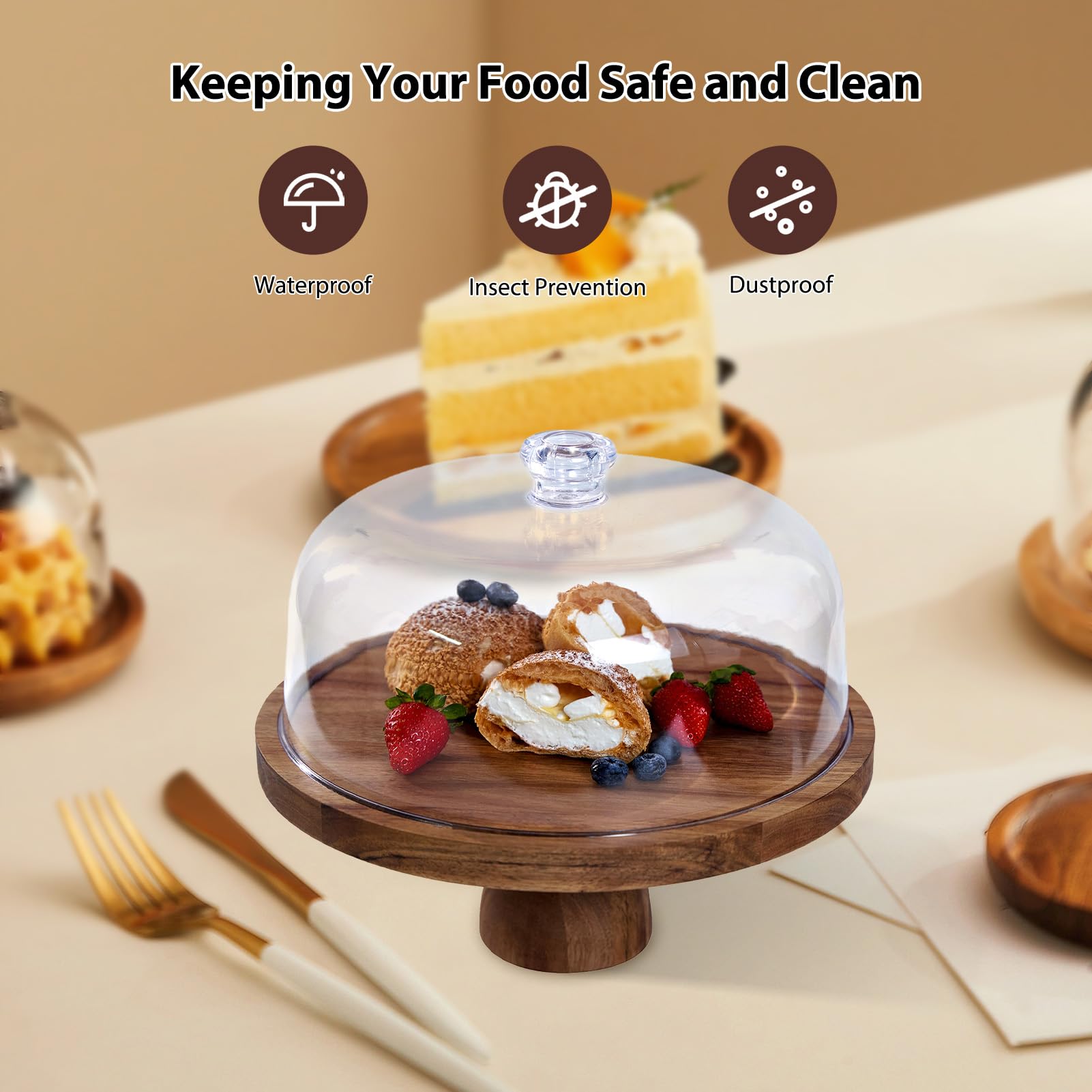 Buachois Soporte para Pasteles con Tapa y Patas, Ø 30 cm / 12 Pulgadas Pastel Tapa, Madera 2 en 1 Mesa de Doble Plaón de Charcutería de Redondo de Postres con Cúpula para Bandeja de Queso y Frutas