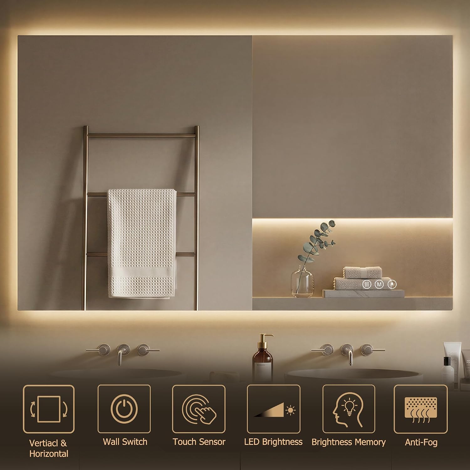 24"X36" LED Bathroom Mirror with Lights,Anti-Fog, Dimmable, Backlit,CRI>90, Lighted Bathroom Vanity Mirror for Wall, Shatter-Proof Tempered Glass, Memory Function, 3 Colors Lighted Mirror for Bathroom
