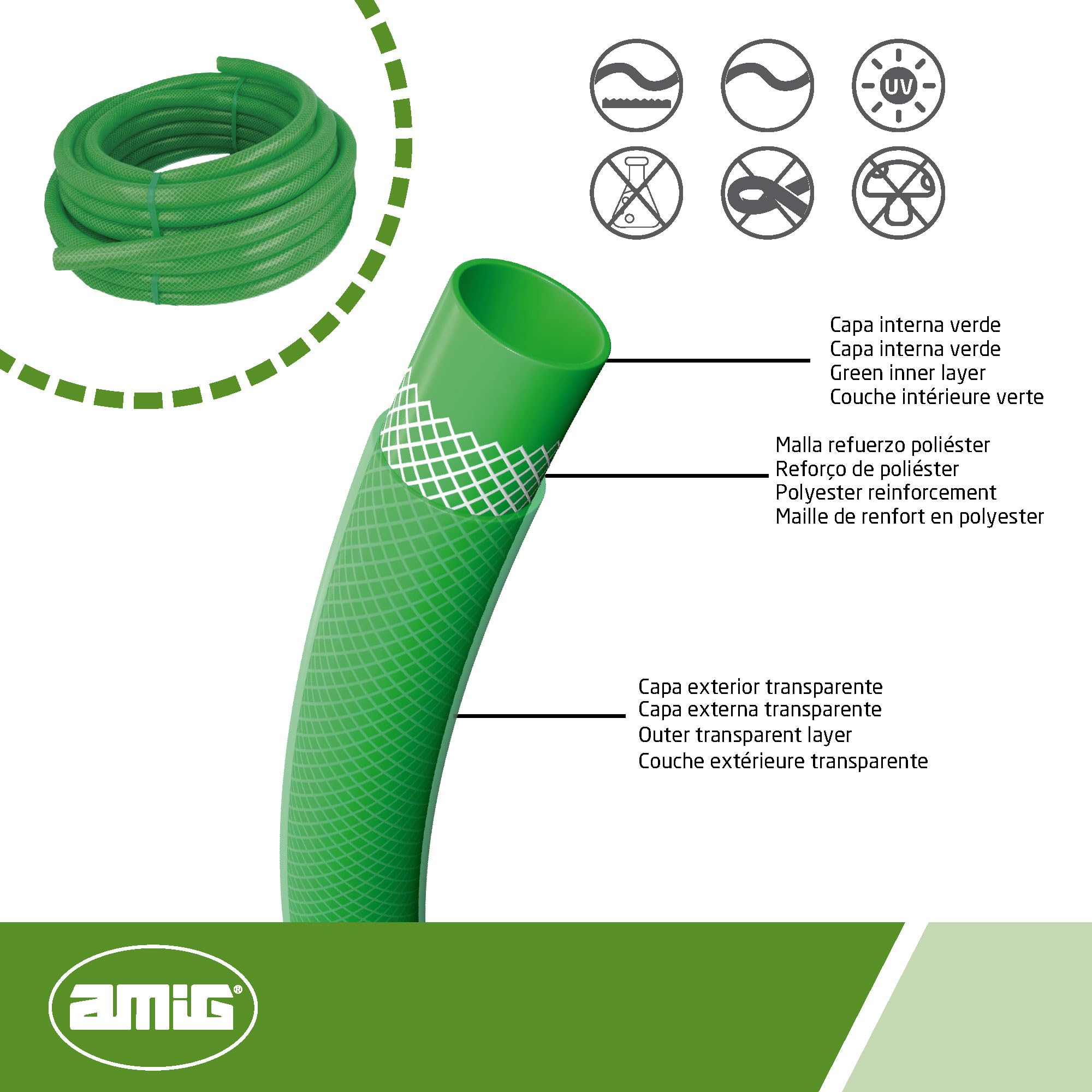 Amig - Tubo da giardino | 25 metri | Ø15 mm | Flessibile | Intrecciato |PVC | Colore verde