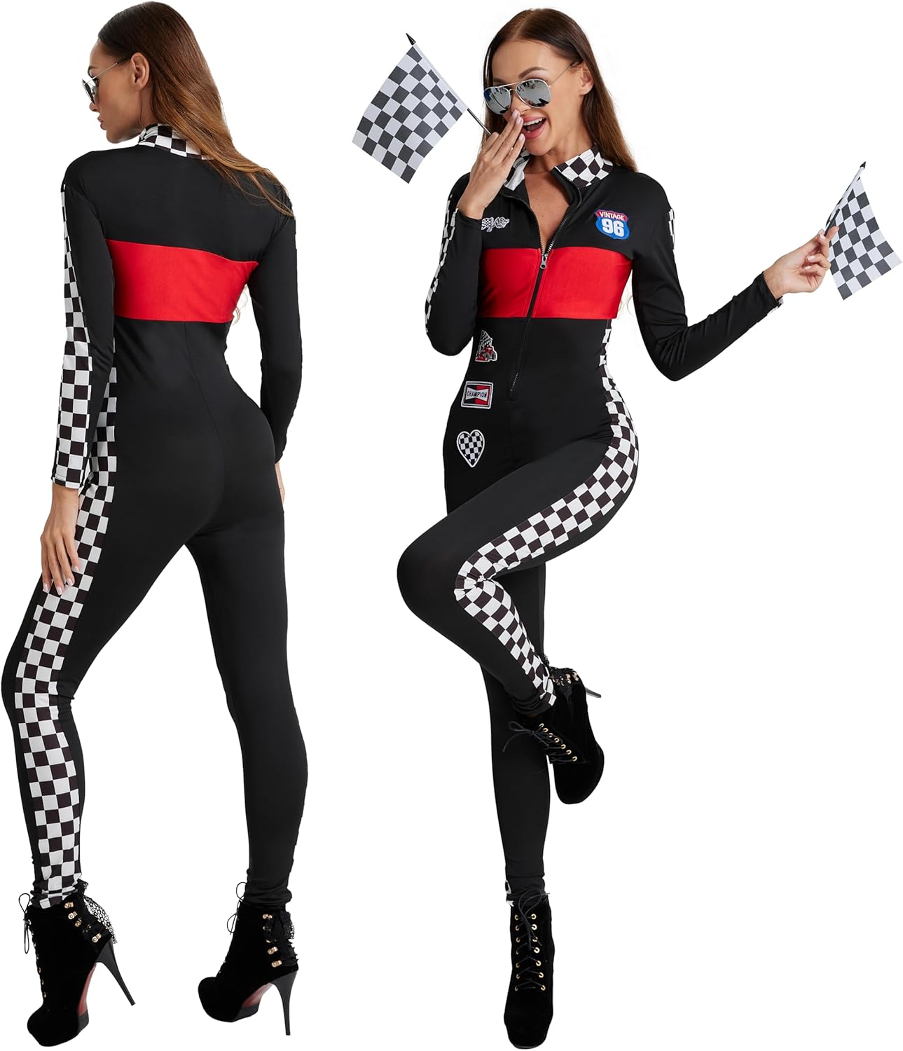 Maxim Party Supplies Women's Race Car Driver Costume, Black and Red Racing Jumpsuit with Checkered Pattern, Halloween Outfit - Image 4