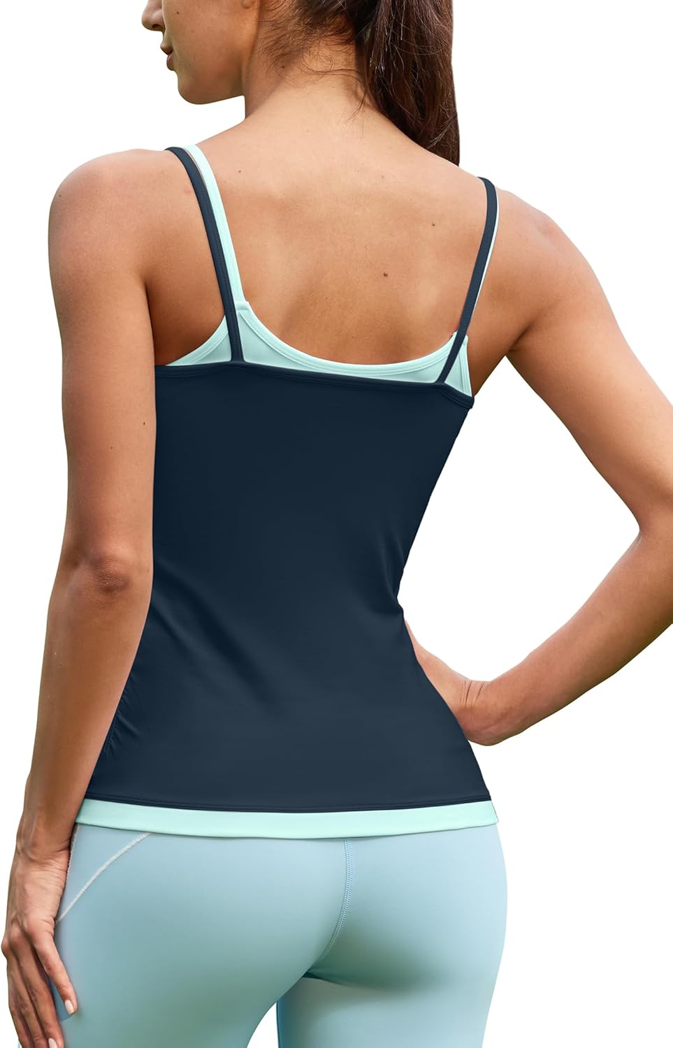 ATTRACO Women Double Spaghetti Strap Workout Tank Tops Ruched Athletic Tank Top with Bulit in Bra Color Block Camisoles - Image 2