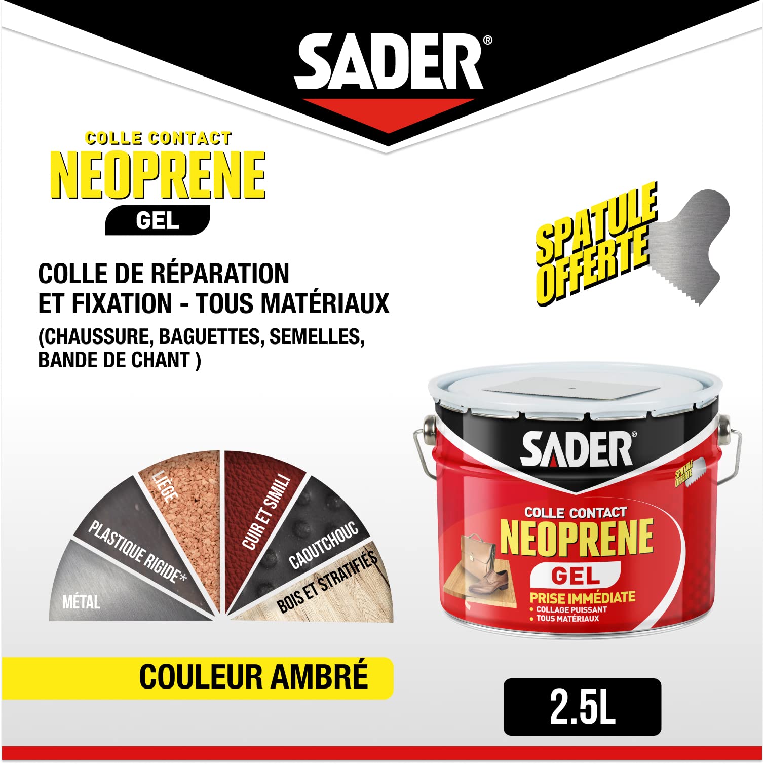 Sader Colle Contact Néoprène Gel – Colle Extra Forte Tous Matériaux – Prise Immédiate – Idéale pour Supports Poreux ou Verticaux – Seau de 2,5 L
