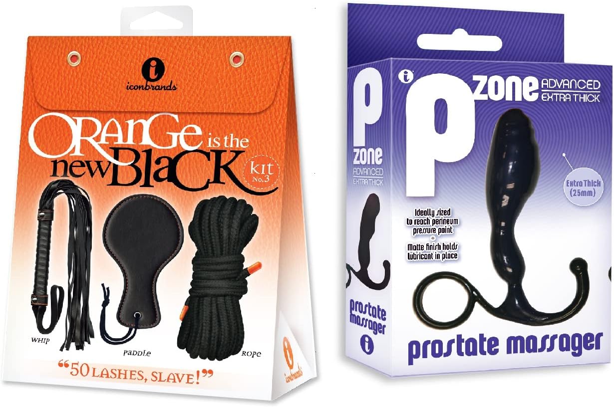 Sexy, Kinky Gift Set Bundle of Orange is The New Black, Kit #3-50 Lashes, Slave! and Icon Brands The 9's, P- Zone Advanced, Prostate Massager