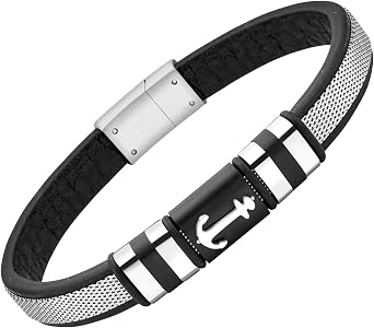 555Jewelry Braided Stainless Steel & Black Leather Anchor Bracelet for Men