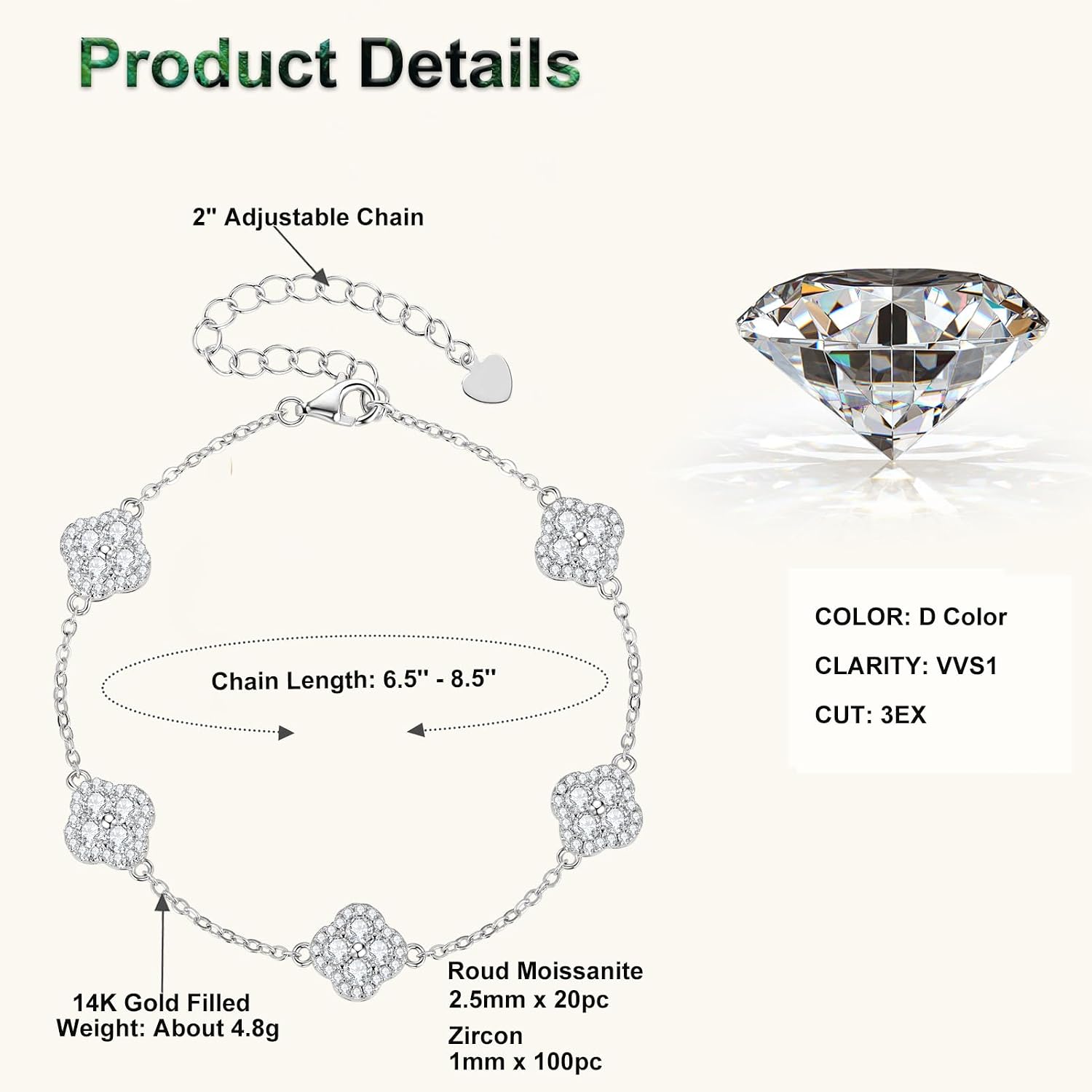 Five Four-Leaf Clover Moissanite Bracelet, 1.2cttw D Color VVS1 Moissanite 14K Gold Filled Adjustable Clover Bracelet for Women Wife Mom Birthday Jewelry Gifts