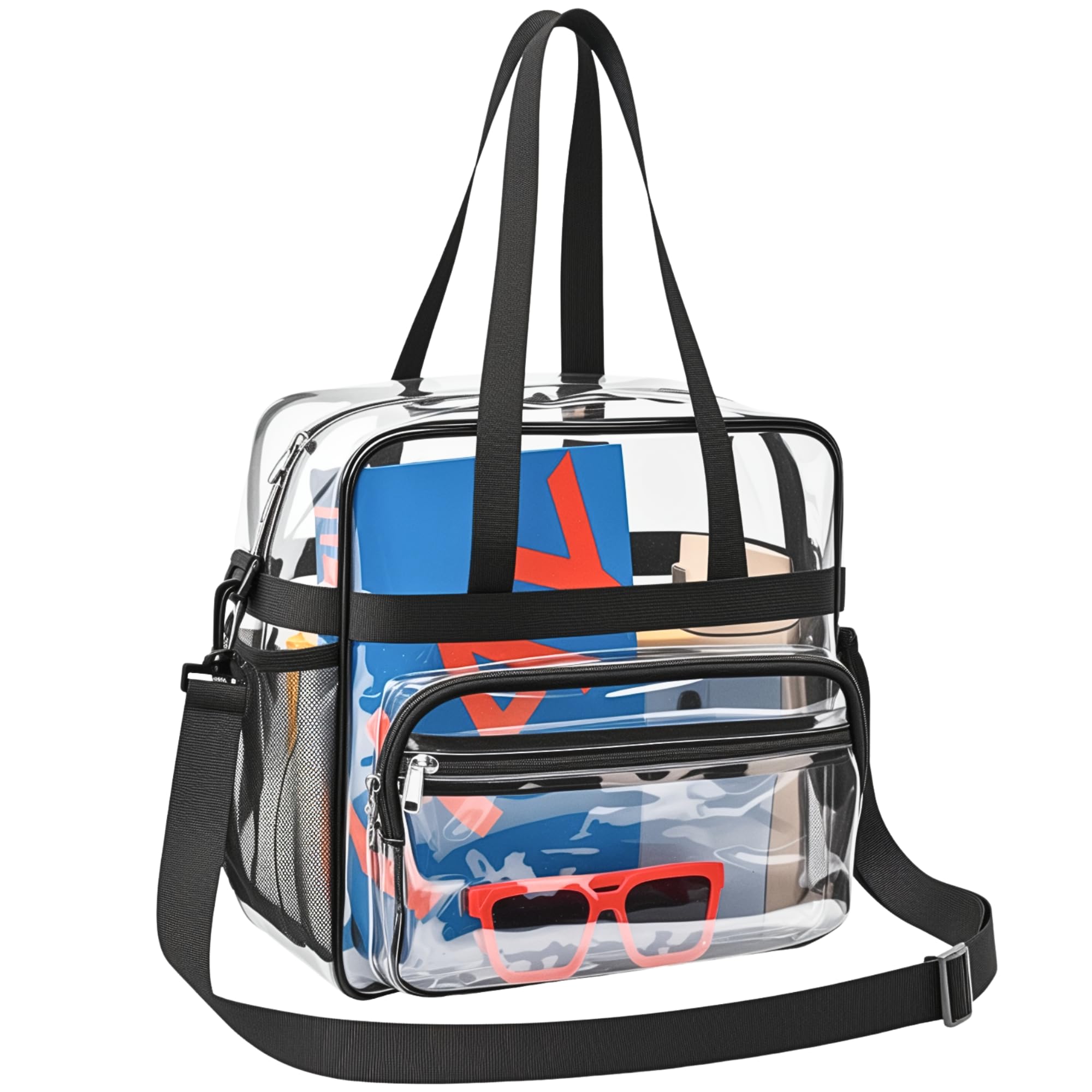 Paxiland Clear Tote Bag for Stadium Events, 12x6x12 Inches Stadium Approved | Clear Lunch Bag with Large Front Pocket, Detachable Strap, Transparent Handbag for Work, Concert, Festival, Sports, Black