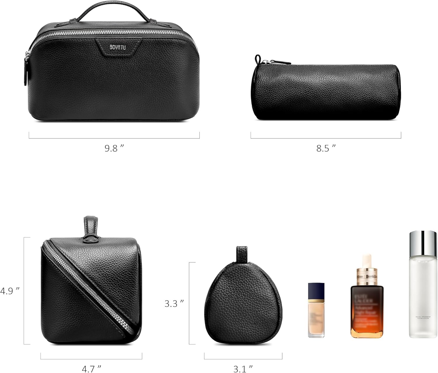 BOYATU Genuine Leather Travel Makeup Bag: Large Capacity 3 Pcs Set Cosmetic Bags for Women - Designer Waterproof Hand-made for Toiletry Organizer - Ladies Travel Essentials for Elegance (02Black)