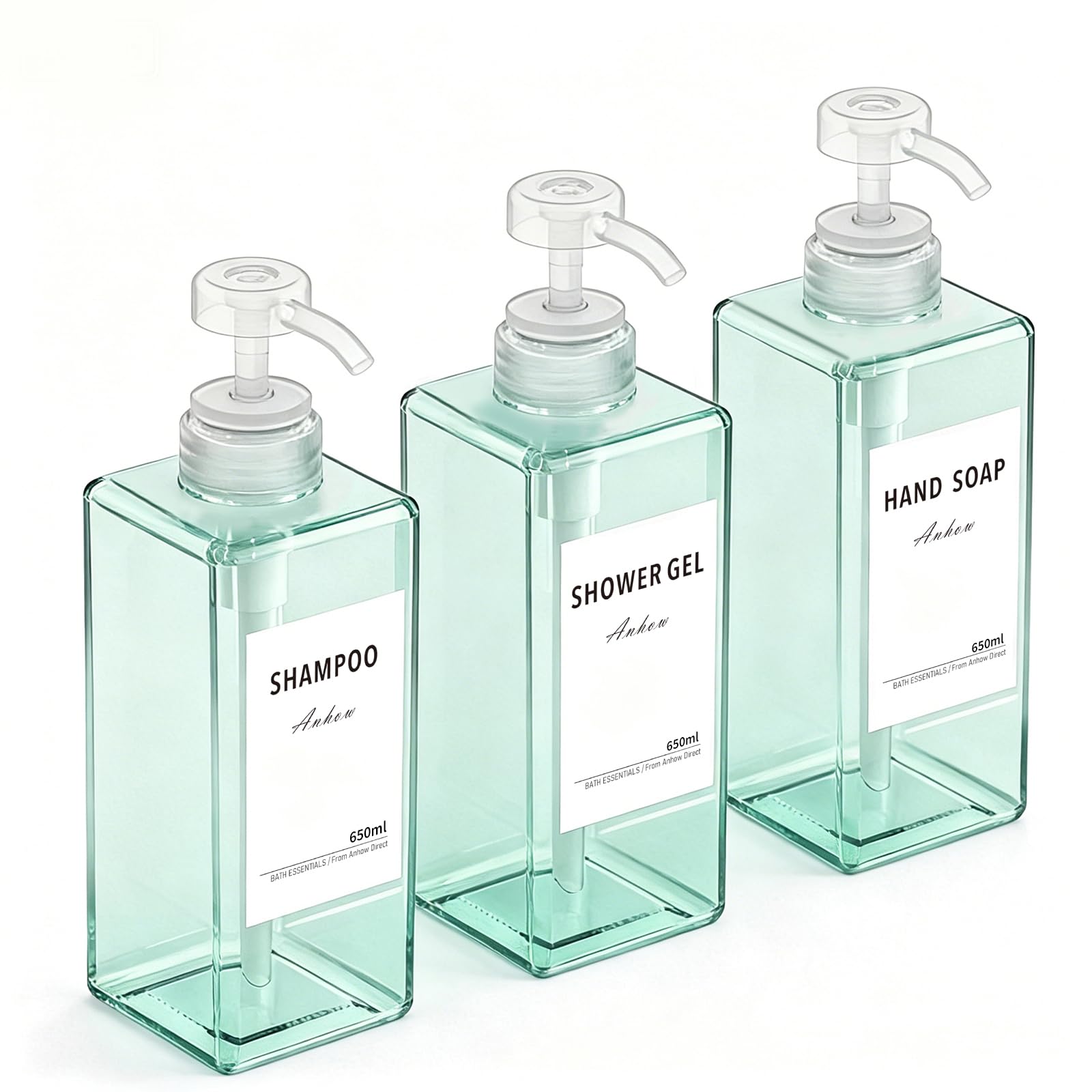 3 Pcs Dispensador Jabon Baño, Botes para Gel y Champu Recargable 650ml Dispensador Gel y Champu Ducha Jabonera Baño con 16 Etiqueta Impermeable, para Baño, Viajes, Hoteles, Azul Transparente