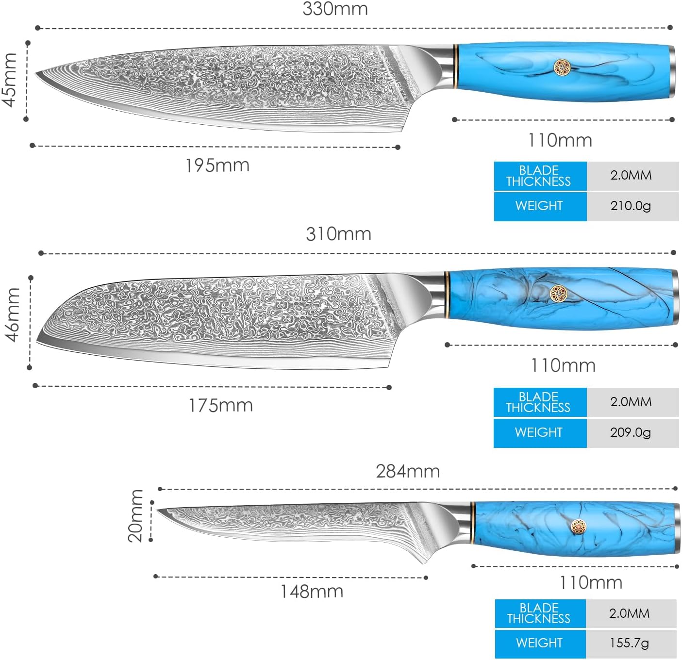 Home Safety Damascus Chef Boning Knives 3 Piece Kitchen Knife Set VG-10 Damascus Steel Professional Chef's Knife – Razor Sharp Cleaver Set with Ergonomic Natural Resin Handle Cooking Knife