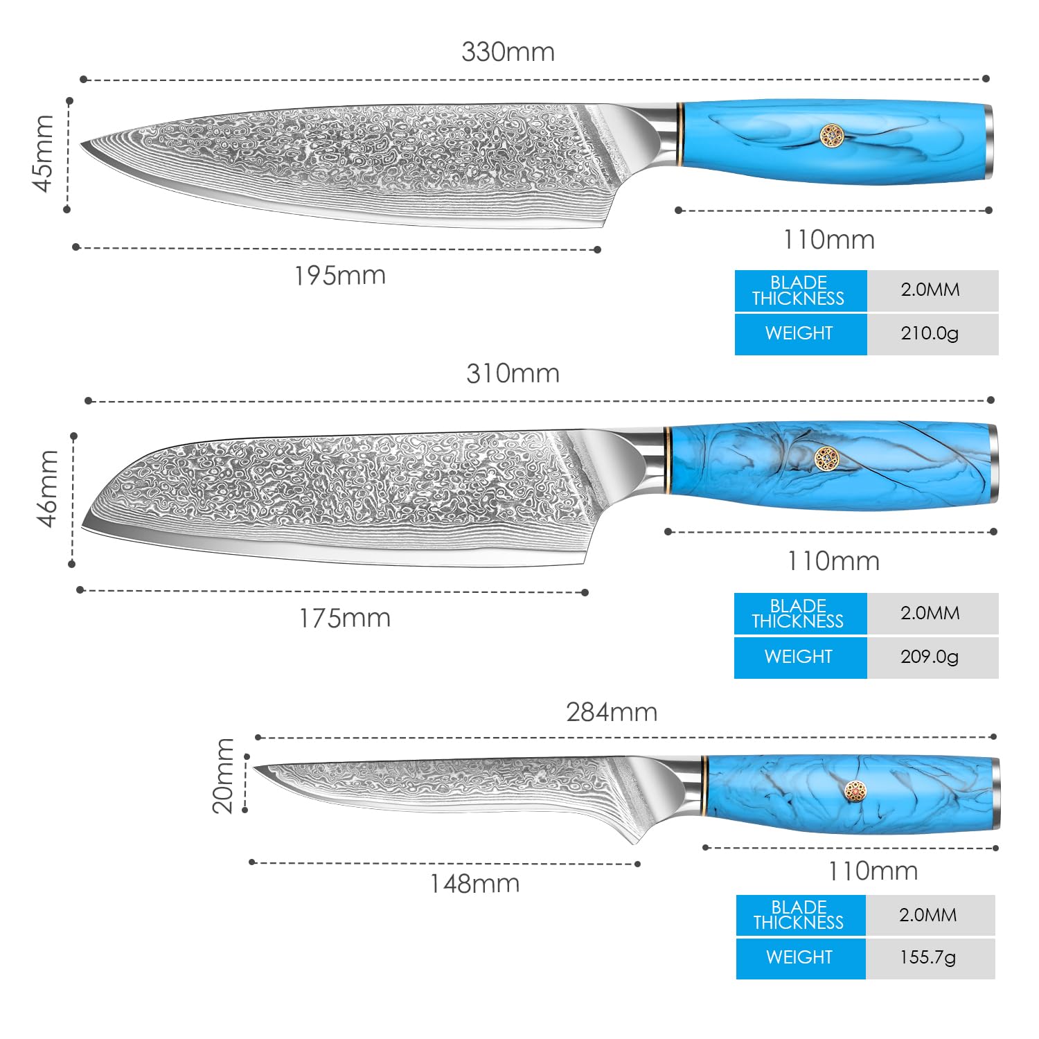 Home Safety Set Coltelli da Cucina 3 Pezzi, in 67 Strati di Acciaio Damascato Vg-10, Coltello da Cucina Professionali, Coltello Chef Manico Ergonomico in Resina Naturale, Confezione Regalo
