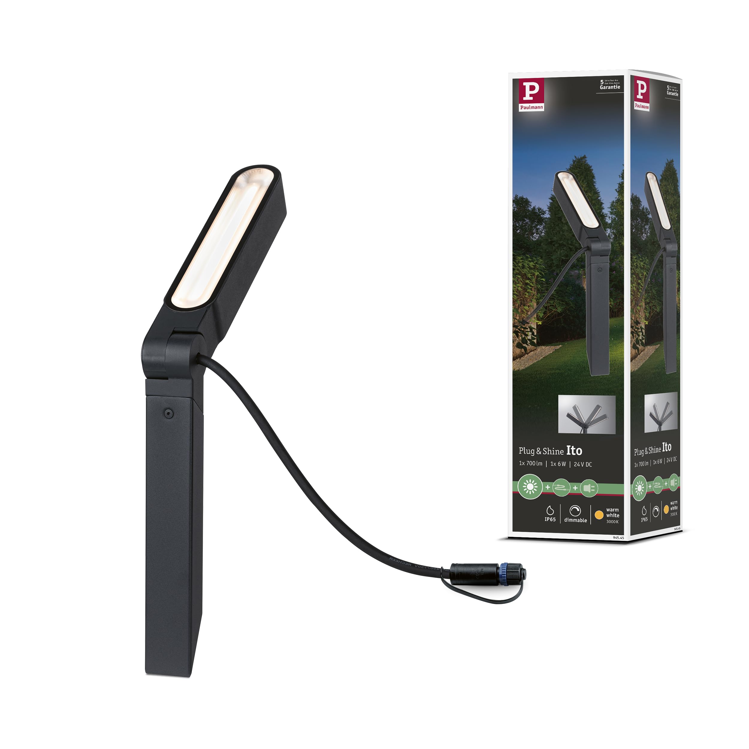 Paulmann 94545 Plug & Shine LED Außenleuchte Plug & Shine Spot Ito IP65 incl. 1x6 Watt dimmbar Außenleuchten Anthrazit Metall, Kunststoff 3000 K
