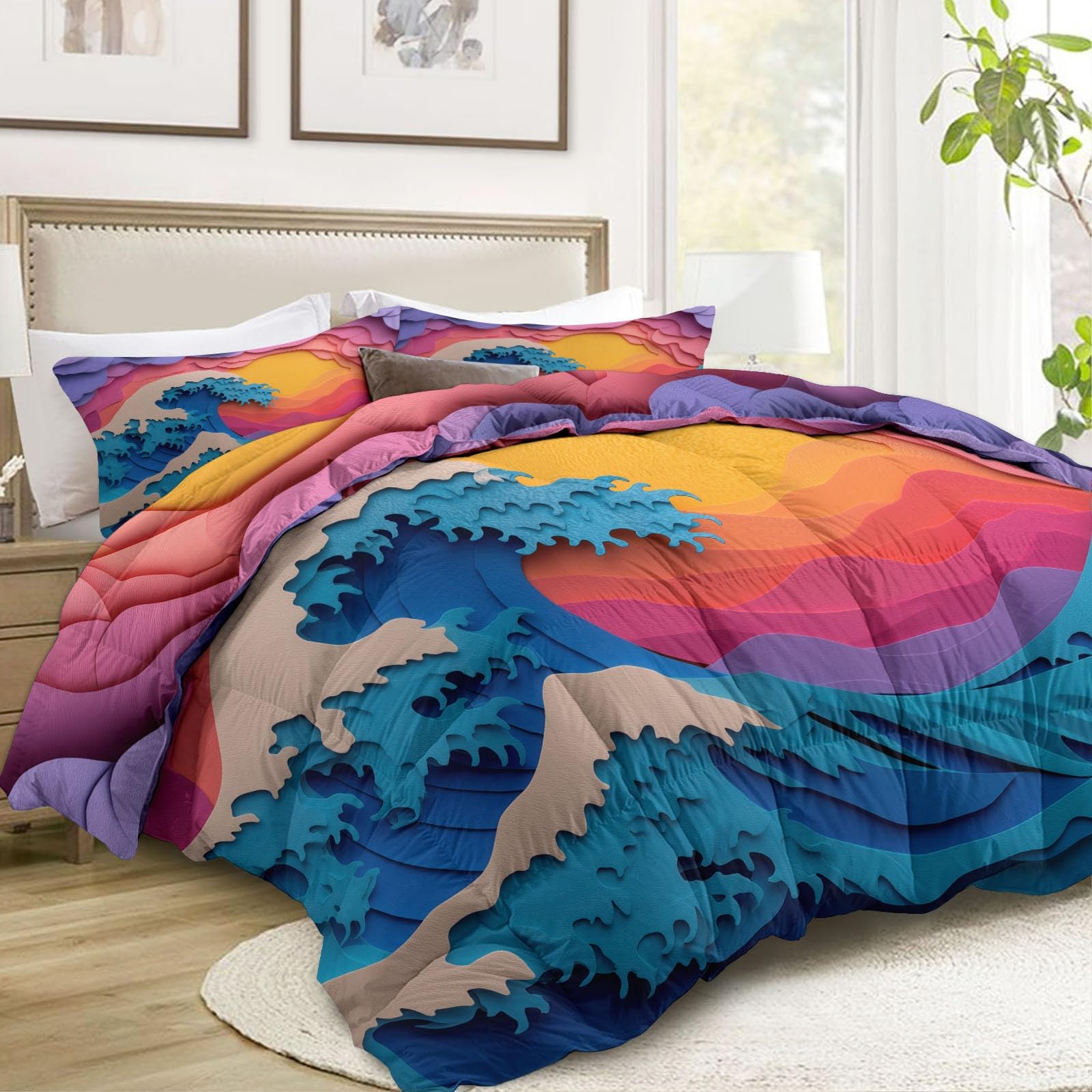 Trapunta Matrimoniale 150x200 cm Tramonto Astratto E Onde Dell'Oceano Piumone 4 Stagioni Microfibra Traspirante Morbida, Trapuntino Copriletto Stampa 3D con 2 Federe 50x80 cm