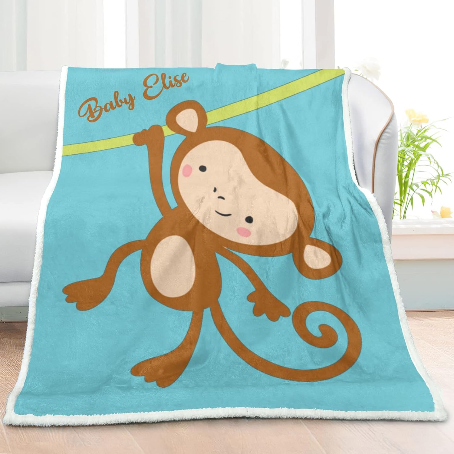 Jungle Safari Monkey Personalized Sherpa Baby Blankets for Boys Girls,Custom Newborn Naps Name Blanket for Shower Gift 30x40 in