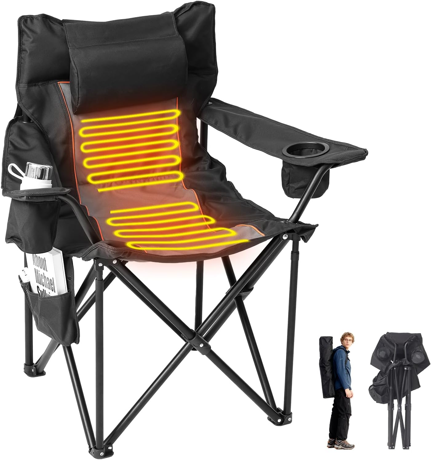Heated Camping Chair, Oversized Folding Heated Chair with Back & Seat Heating, Supports 400 lbs, Portable Heated Outdoor Chair for Camping,Fishing, Patio, Picnic, Battery NOT Included, Grey Black Heated Grey Black
