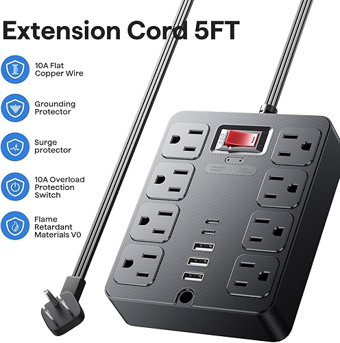 Miniatura 7 de Tira de alimentación con protector de sobretensiones 13 en 1, enchufe plano, 8 salidas de CA, 3 puertos USB, 1250 W/10 A, cable de extensión de 5