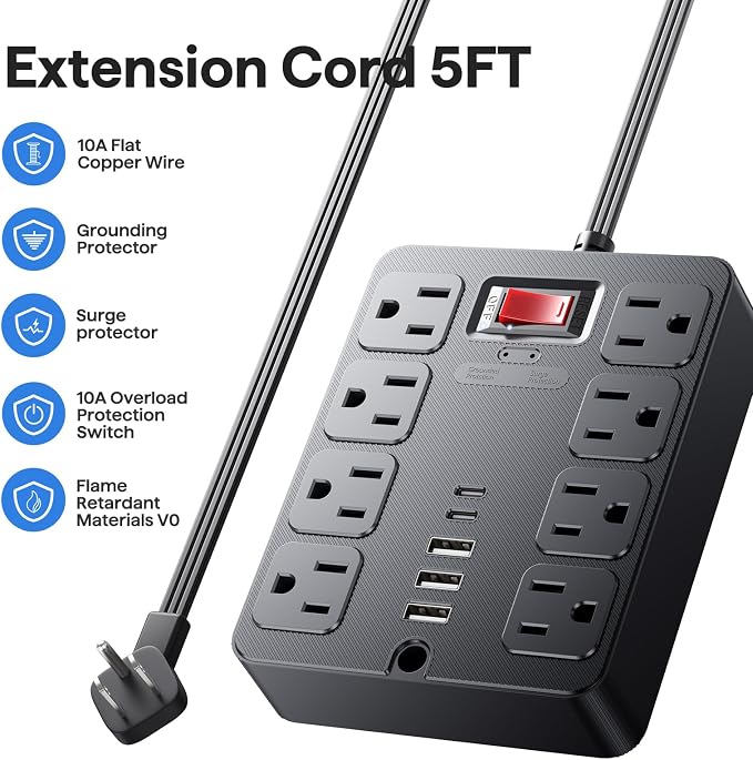 Protector eléctrico Solidock con 8 tomas amplias, 3 puertos USB, extensión de 1.52 m, 1250W, 10A, enchufe plano miniatura 7