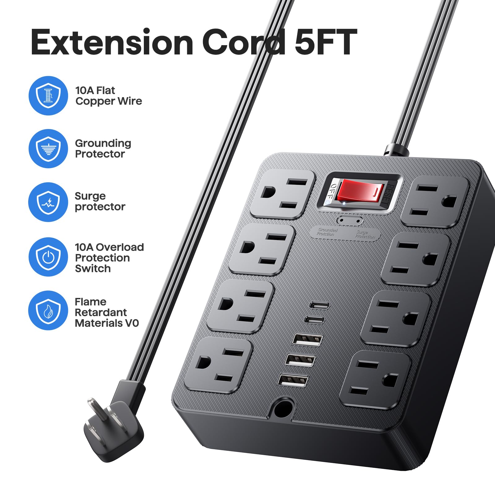 Conector plano 14 en 1 con protección contra sobretensiones, 8 enchufes de CA anchos, 4 puertos USB, 1250 W/10 A, cable de extensión de 5 pies con múltiples enchufes, extensión de computadora para