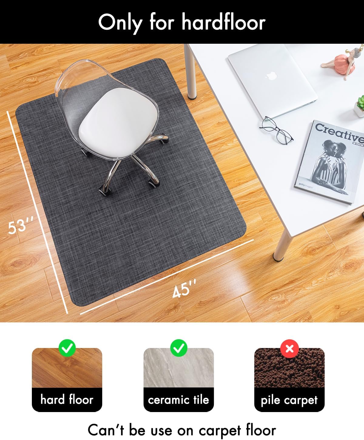 Office Chair Mat for Hardwood Floor Under Desk Computer Rolling Chair Mat for Wood/Tile Floor Non-Slip Heavy Duty Desk Rug PVC Plastic Hard Floor Protector 45"x 53" (Cool Grey)