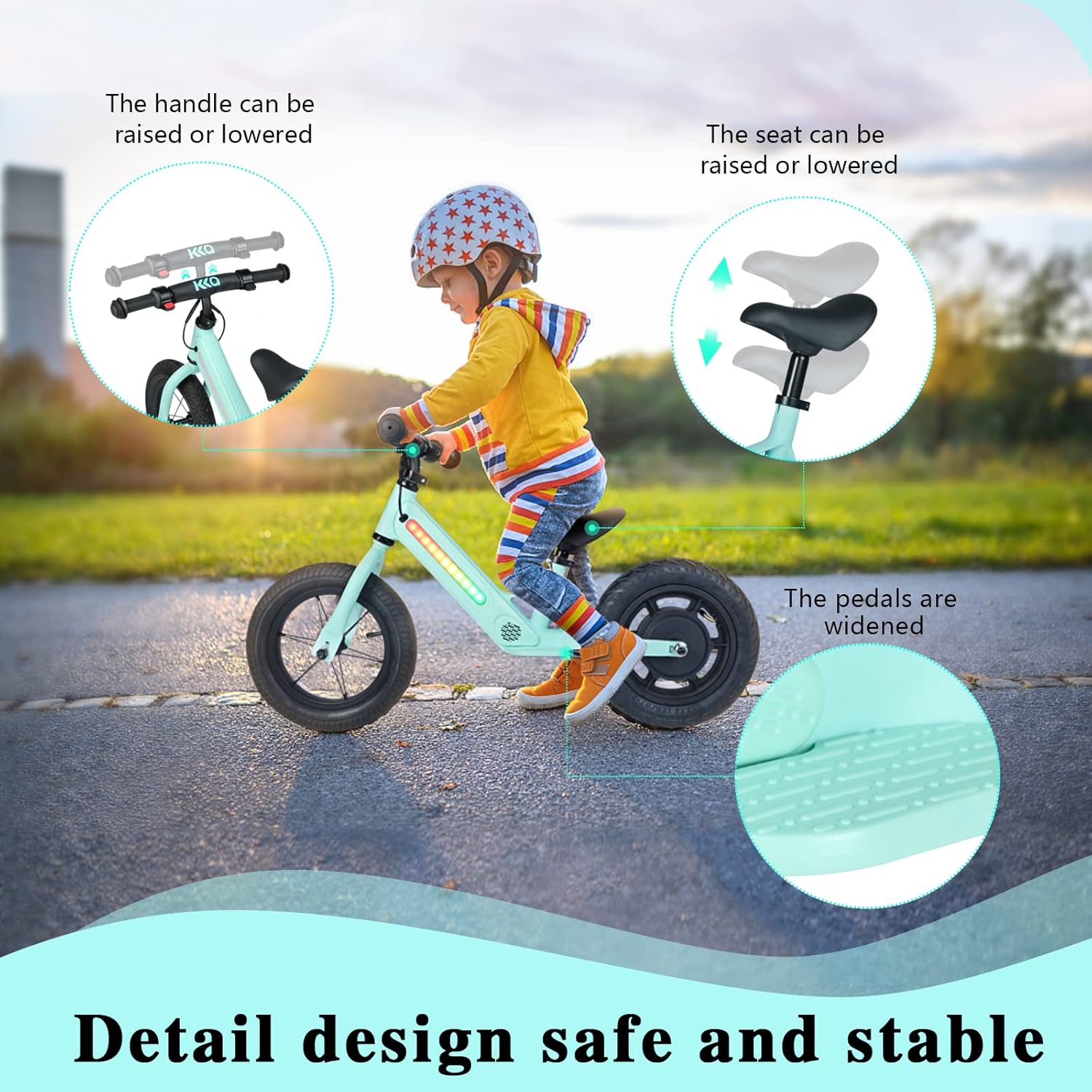 Child riding KKA B3 Electric Balance Bike, highlighting adjustable handle, seat, and widened pedals