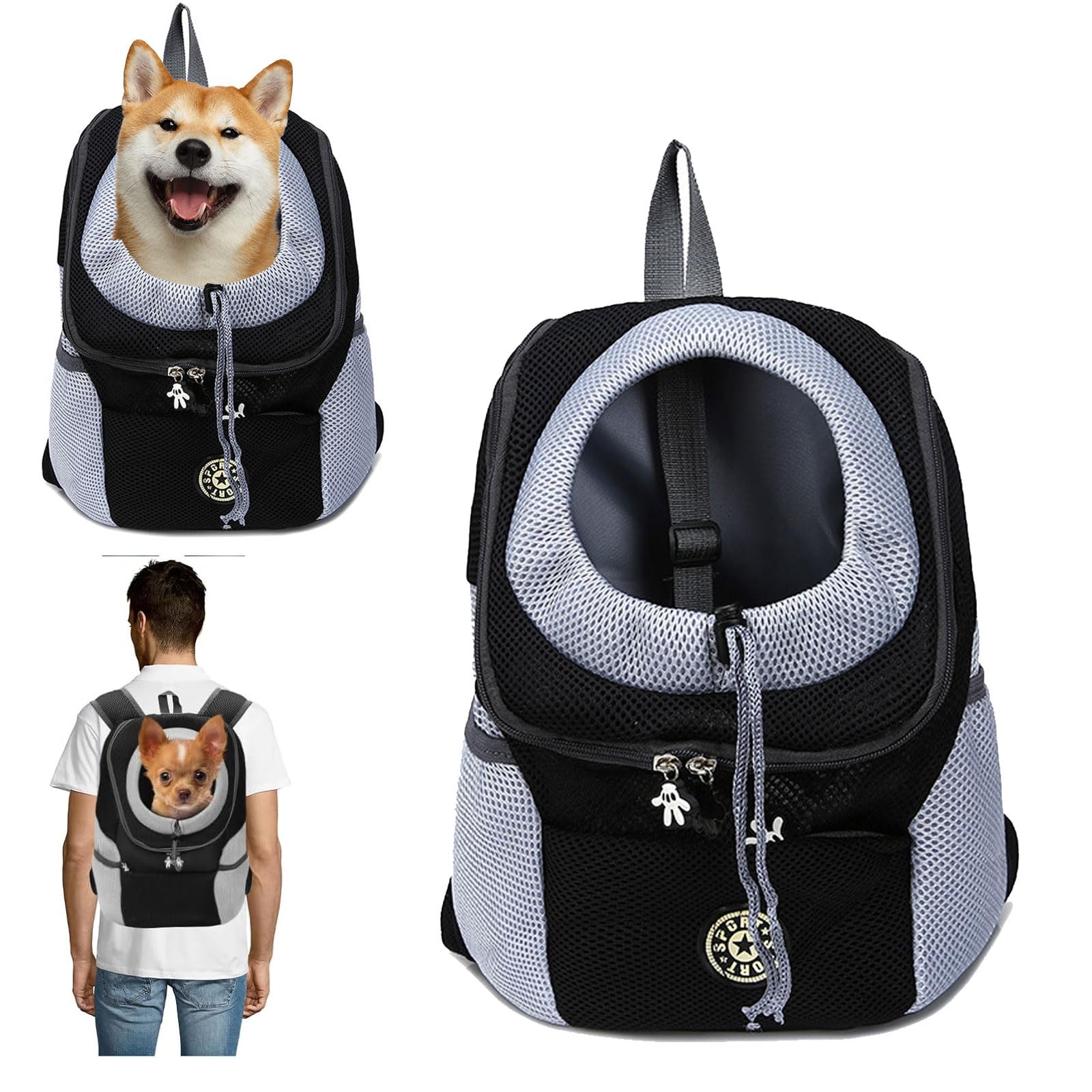 Sac a Dos Chien, Porte Chien ventral jusqu'à 7,5 kg, Sac à Dos de Transport pour Chiens, Sacs de Transport pour Chiens et Chats, Pliable, Ajustable et Respirante - avec Poche Avant
