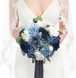 Rinlong 10.6 Inch Wedding Bouquets for Bride Navy Blue Bridal Bouquet for Wedding Artificial Flowers Silk Bouquet