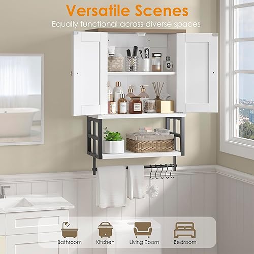 Miniatura 5 de Gabinete de medicina de granja  Organizador de almacenamiento de 3 niveles montado en la pared con estantes ajustables, toallero, 5 ganchos para