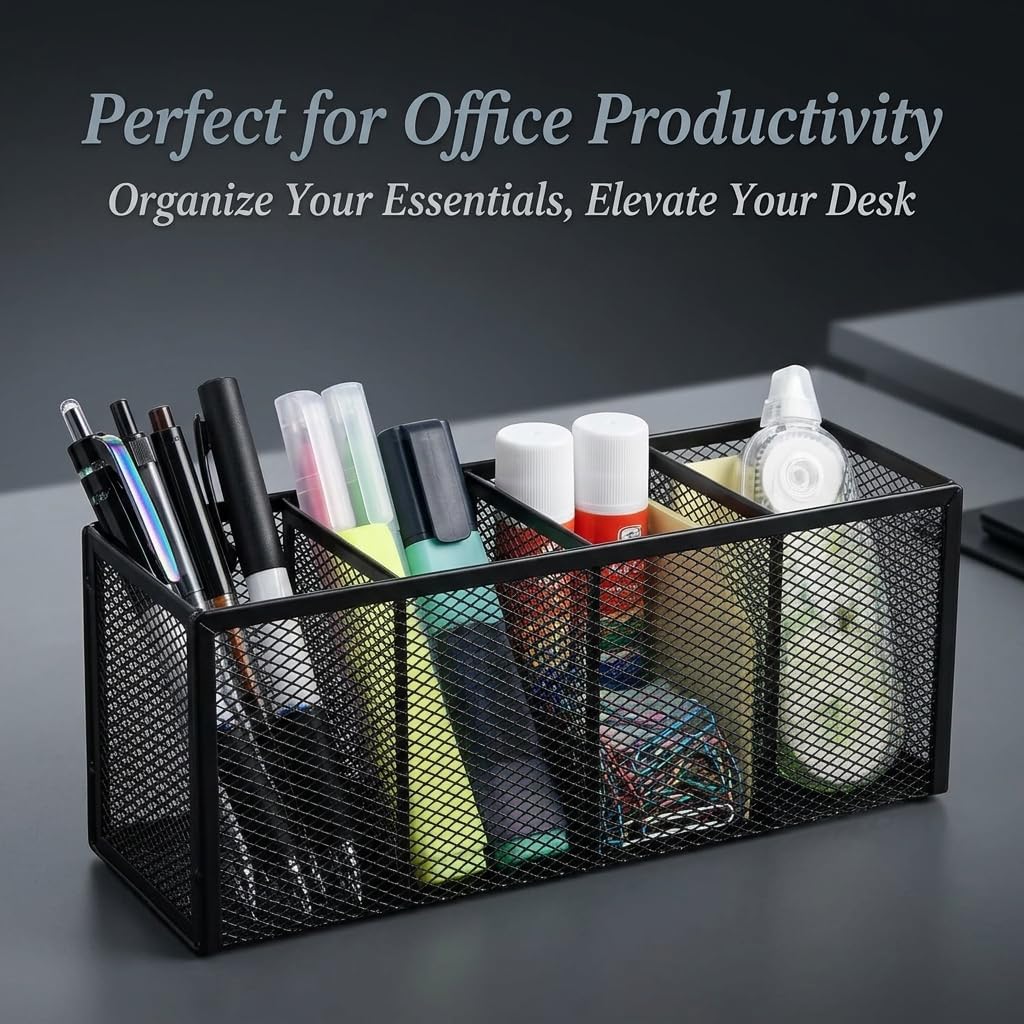 Metal Pen Holder, Pencil Holder 4 Compartments, Mesh Pen Storage Pencil Organizer Cup Makeup Brush Holder for Office Desk Accessories, Black image 3