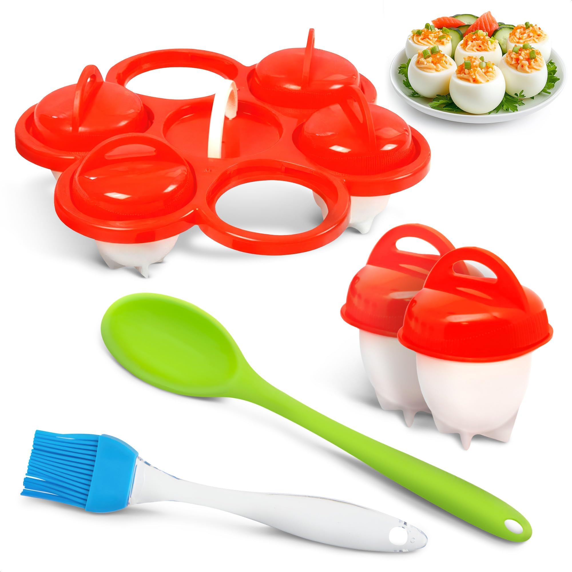 Egg Cooker for Hard Boiled Eggs (Set of 6) – Silicone Hard Boiled Egg Mold in 10–15 min, Boiling Pods Set for No Shell Poached Cooking with Stand, Brush & Spoon – Non-Stick Silicone, Not for Microwave
