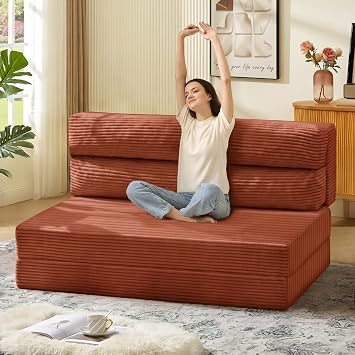 Folding Sofa Bed, Convertible Sleeper Chair with Pilow Foldable Matress, 2 in 1 Pull Out Loveseat Sofa Portable Fold Out Chair Bed Floor Couch Lounge for Living Room Sand Red, Full