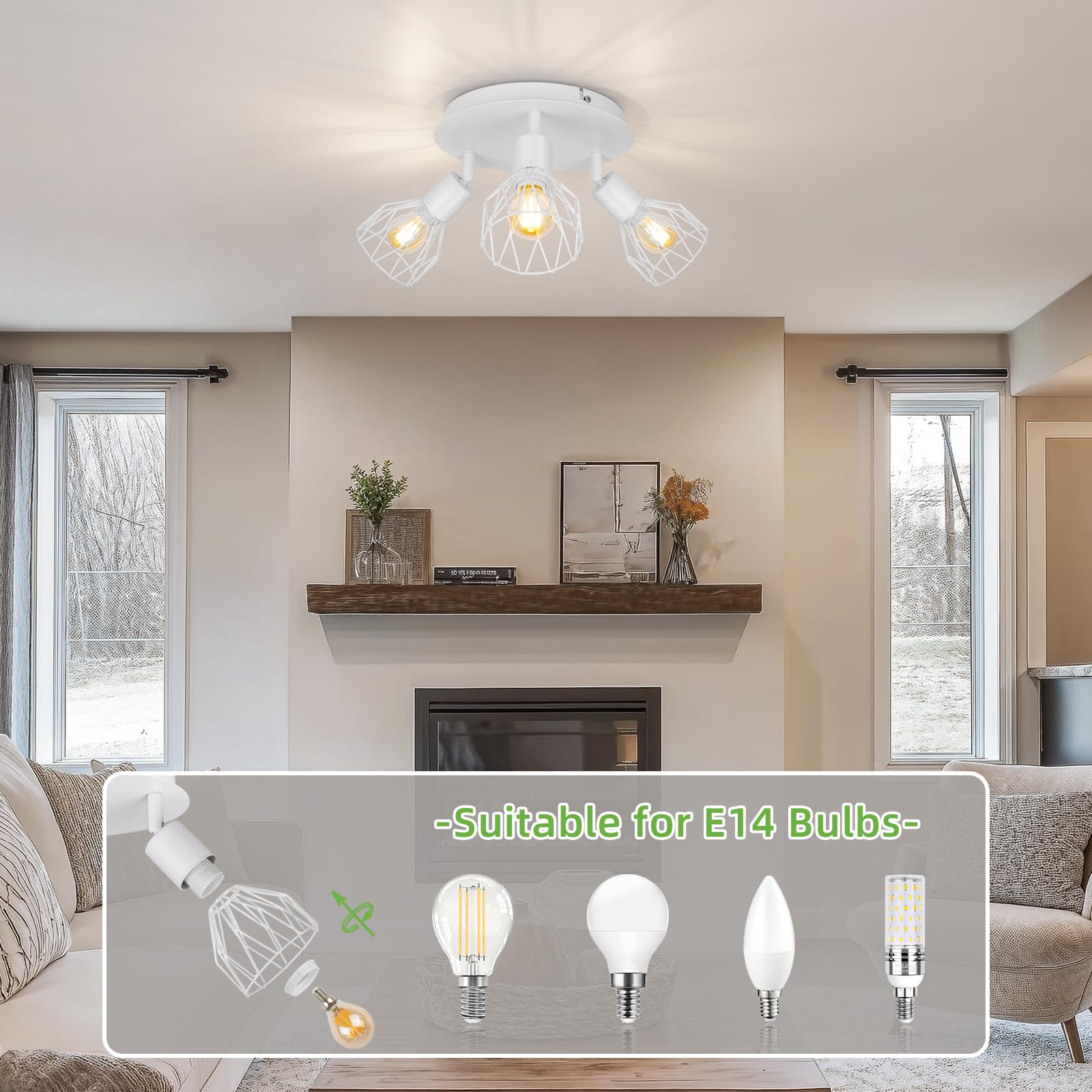 Kimjo Lámpara de Techo con 3 Focos Led E14, Plafón con Focos Ajustable, Interior Focos de Techo, Apliques Techo Blanco, Lampara Focos Led Techo para Dormitorio Cocina, Max. 40W Sin Bombilla