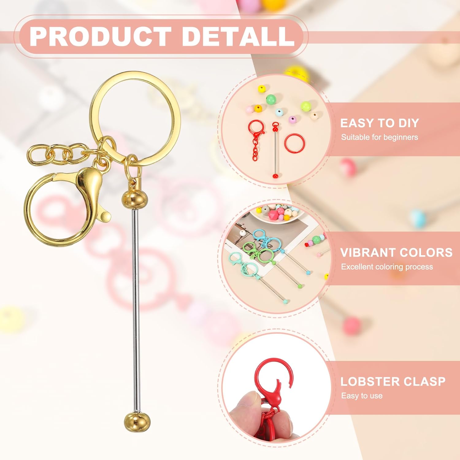 PATIKIL Beadable Keychains, Metal DIY Beaded Keychain Making Kit with Key Rings Chain Bars with Lobster Hook for DIY Crafts - Image 3