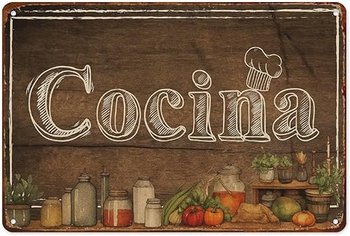 Pósteres de aluminio vintage con texto en inglés "Cocina" (con ingredientes de cocina y utensilios) para decoración de pared, carteles de metal para