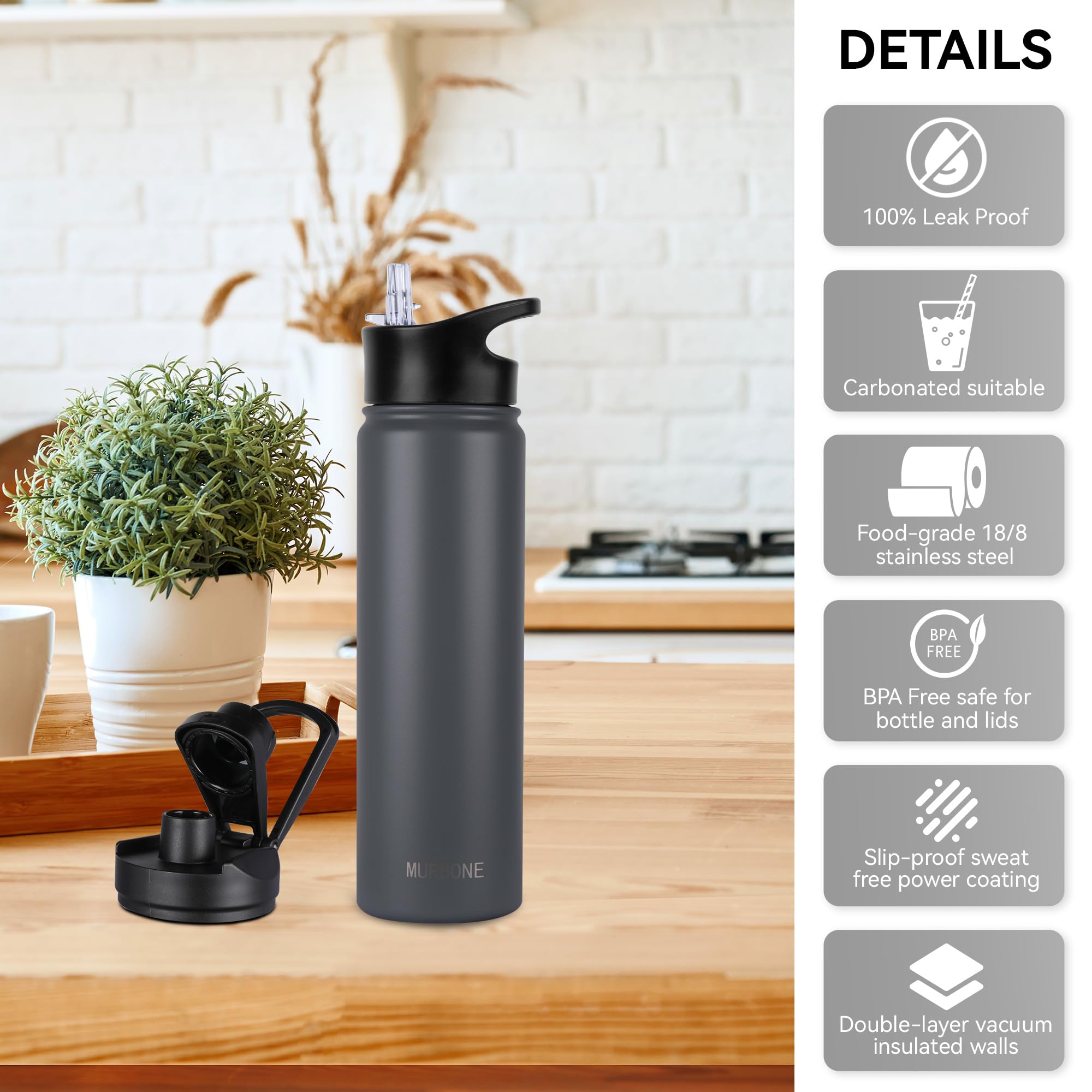 MURBONE Insulated Water Bottle, 750ml Stainless Steel Drink Flask with Straw, BPA Free, 2 Lids (Straw Lid and Spout Lid) - Image 4