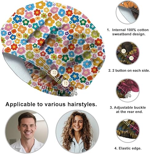 Miniatura 2 de Bouffant - Gorros de algodón para enfermera, con botón y banda para el sudor, gorras de trabajo quirúrgicas ajustables