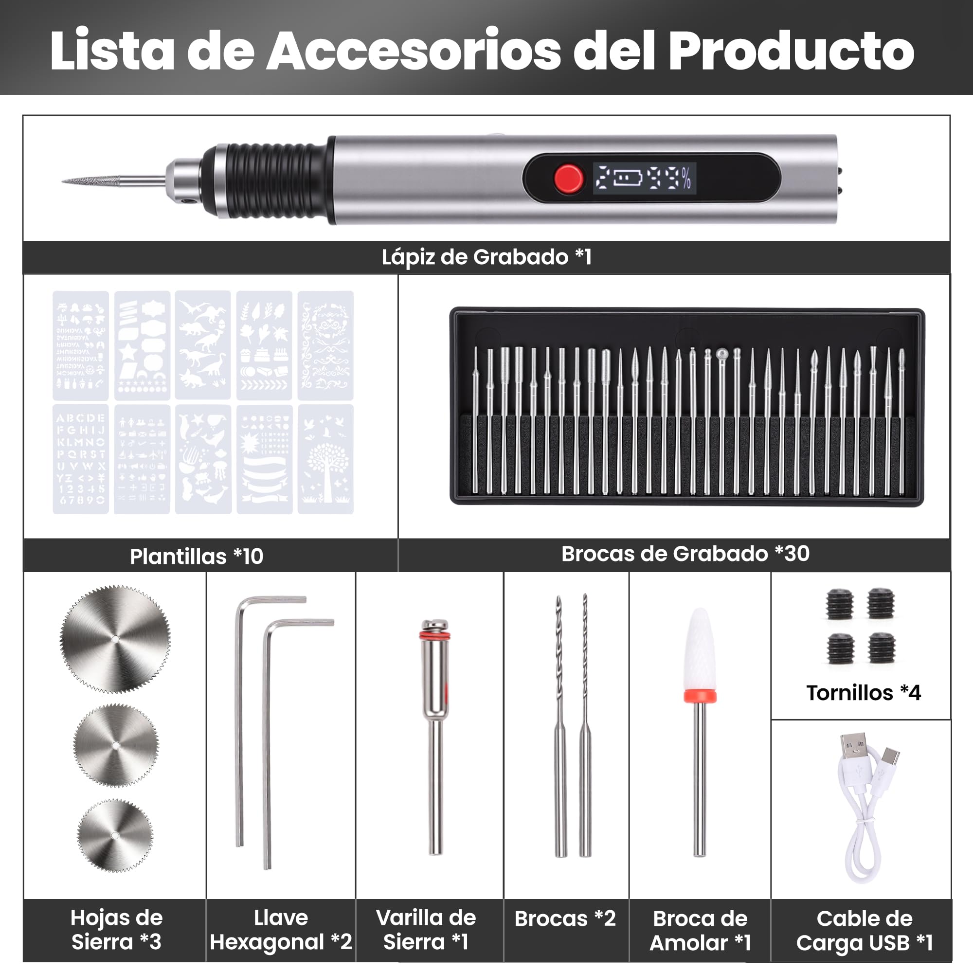 Mini Grabadora Eléctrica Inalámbrica, Pirograbador de Madera con 30 Puntas y 3 Velocidades (Hasta 25000 RPM), Kit de Herramientas Recargable para Metal, Vidrio, Cerámica y Joyería