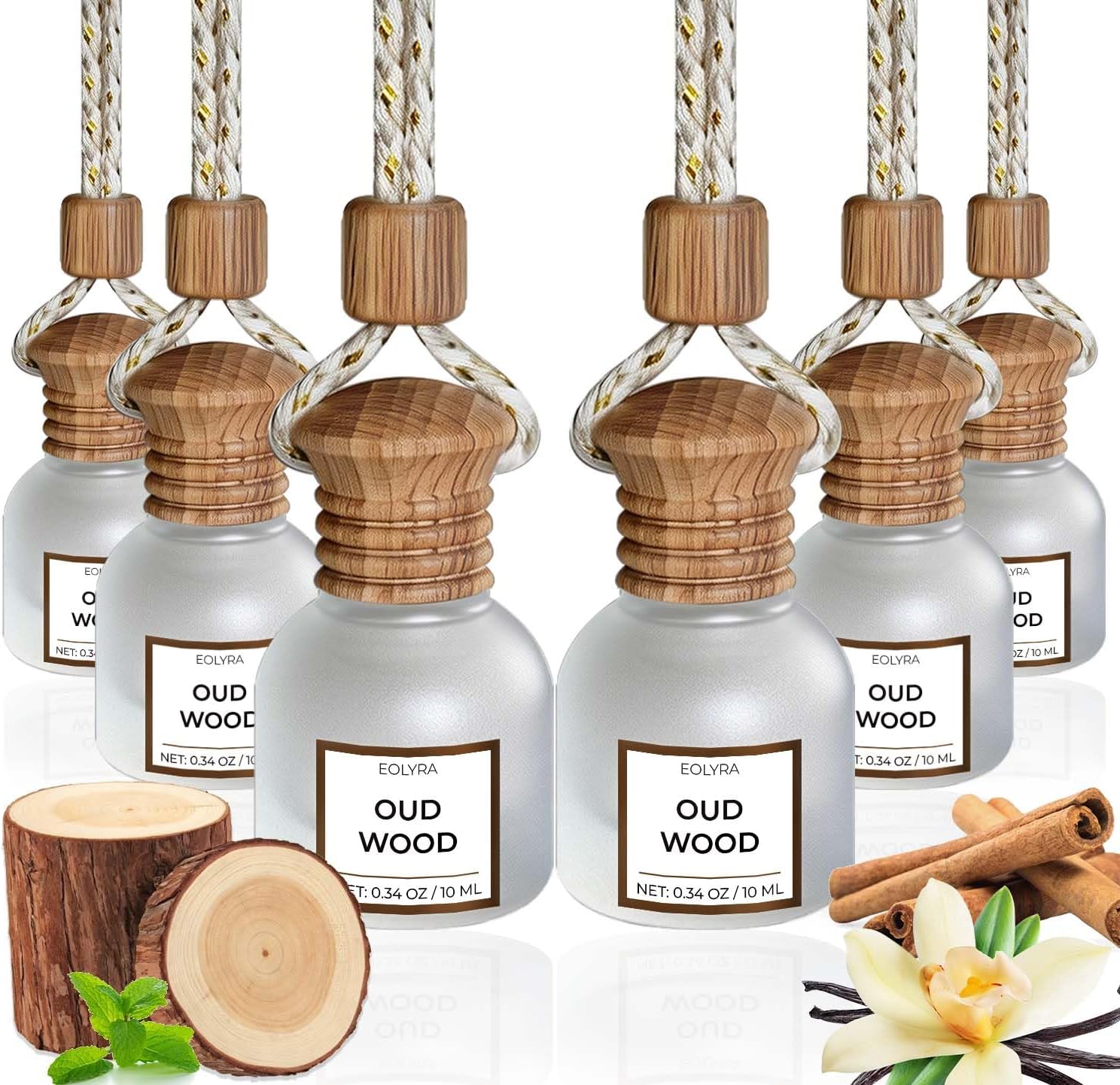 Premium Car Air Freshener Diffuser (6-Pack), 180 Day Long-Lasting Hanging Car Air Freshener & Wooden Lid Essential Oil Car Diffuser & Cute Car Accessories, Gifts for Women/Men, (Oud Wood)