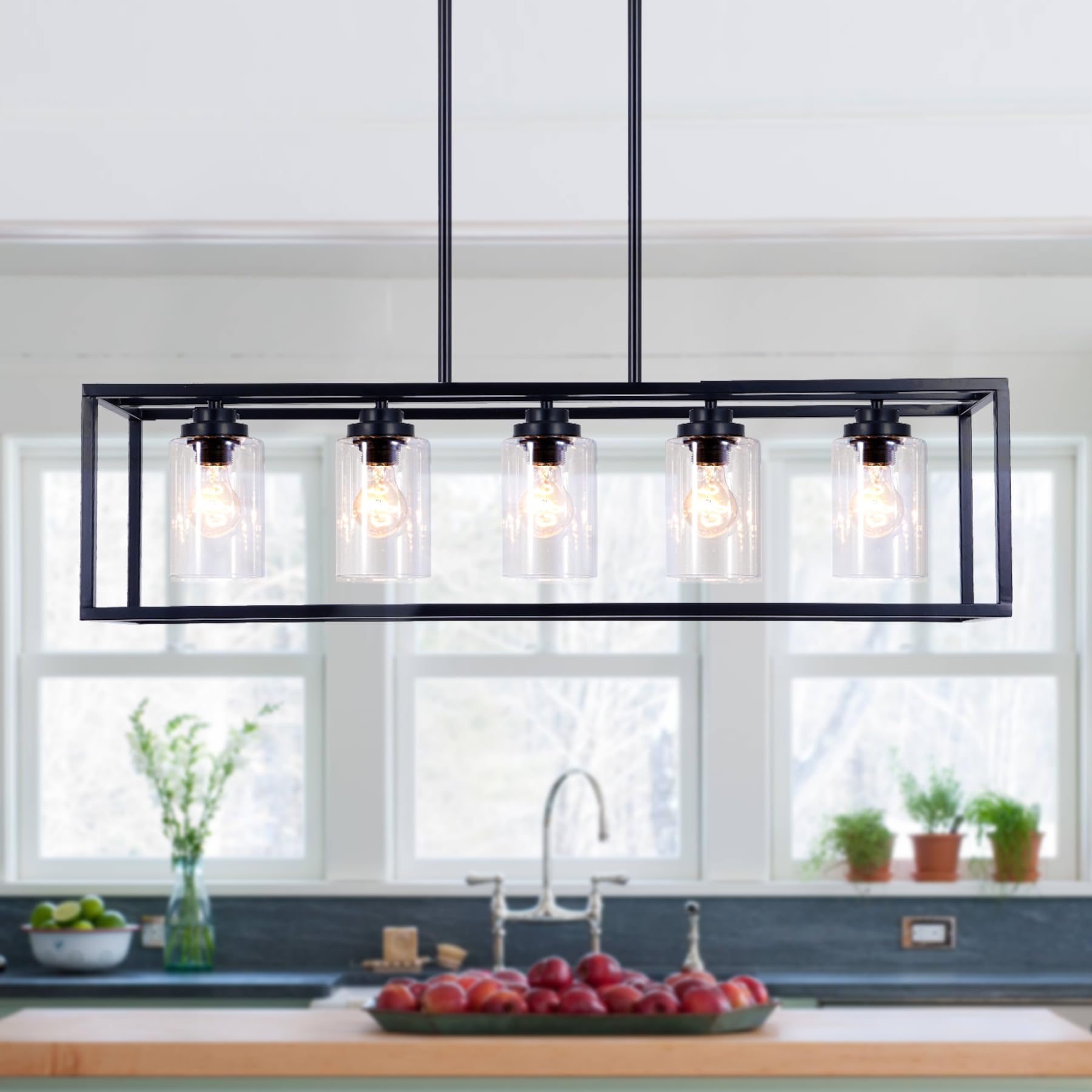 kitchen island lighting, 5-light black chandeliers for dining room light fixtures over table, farmhouse rectangle chandelier island lights for kitchen with cylinder clear glass