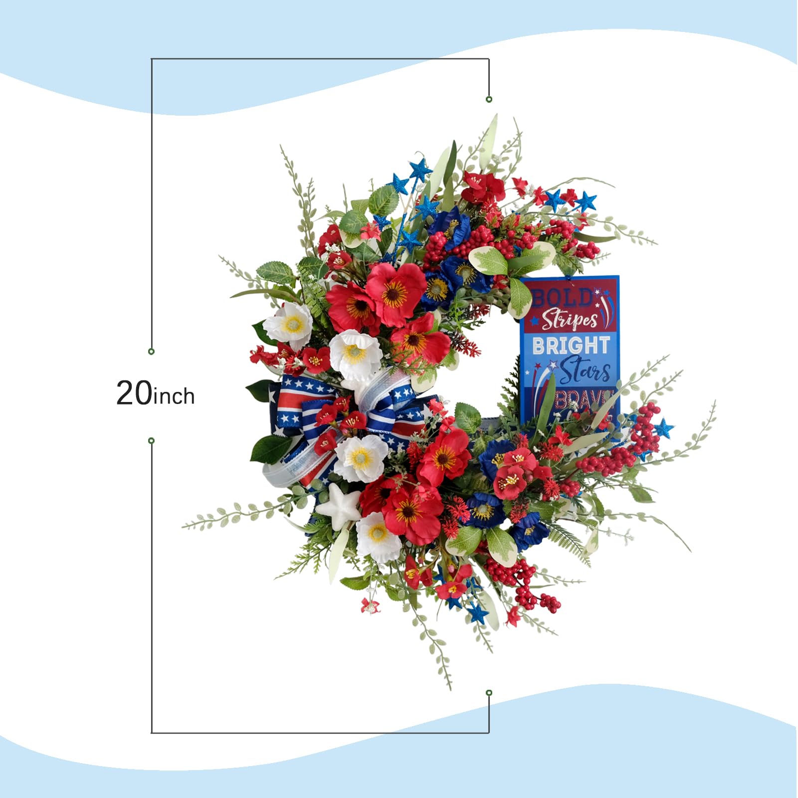 Couronne patriotique fabriquée à la main pour porte d'entrée – Couronne du 4 juillet avec coquelicots en soie, étoiles en métal et nœud superposé, décoration d'intérieur et d'extérieur