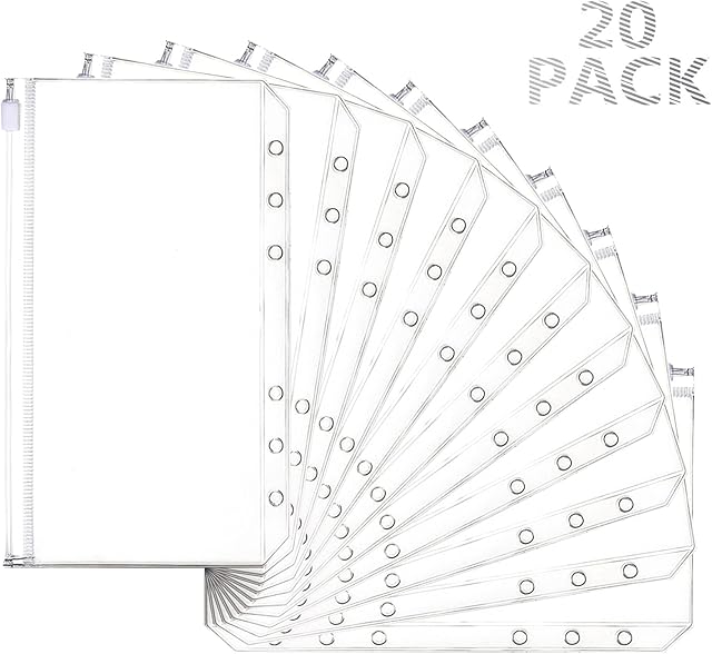 Mlife Cash Envelope , 6 Holes Budget Binder Pockets ,Zipper Folders for A6 Size Notebook Binder ,Cash Organizer Money Saving Binder Accessories (20pcs)