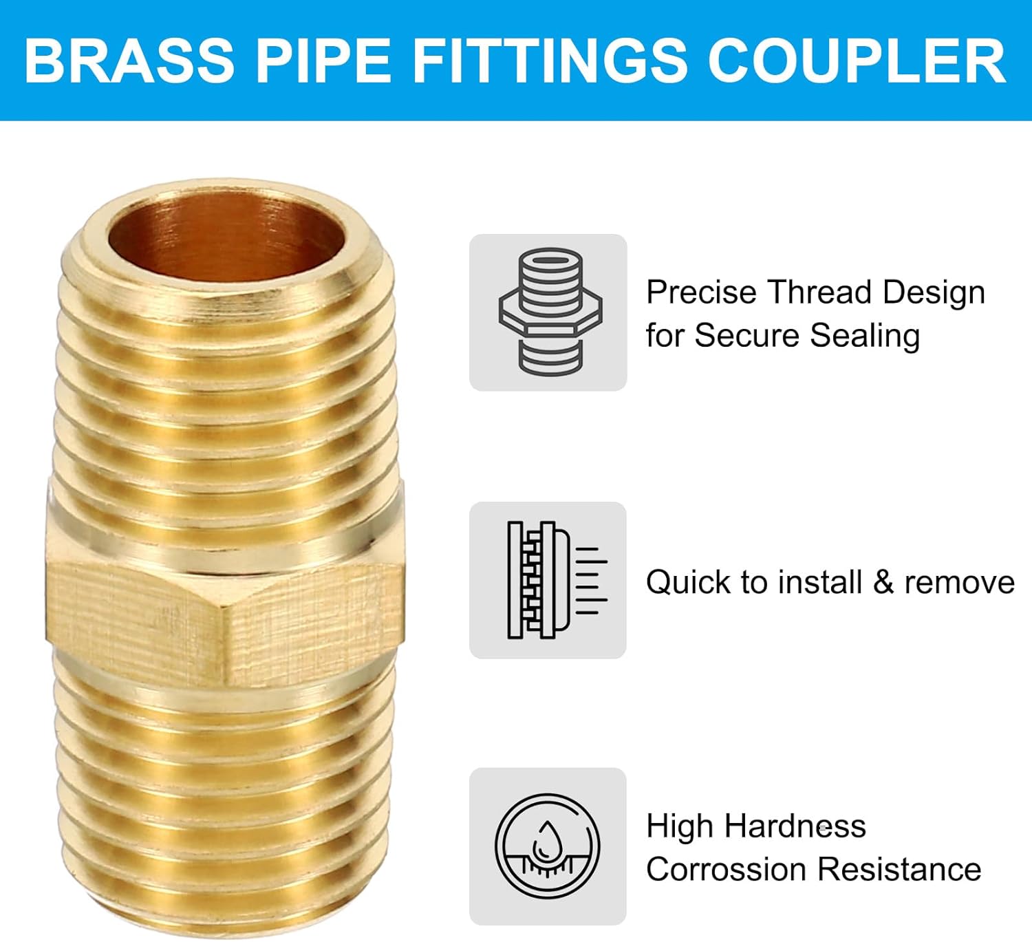 PATIKIL Brass Pipe Fittings Coupler Set, 2Pcs 1/4" x 1/4" NPT Male Thread Brass Hex Nipple Coupling Reducer Adapter Tubing Connector Adaptor with PTFE Tape for Water, Air, Oil, Gas Line