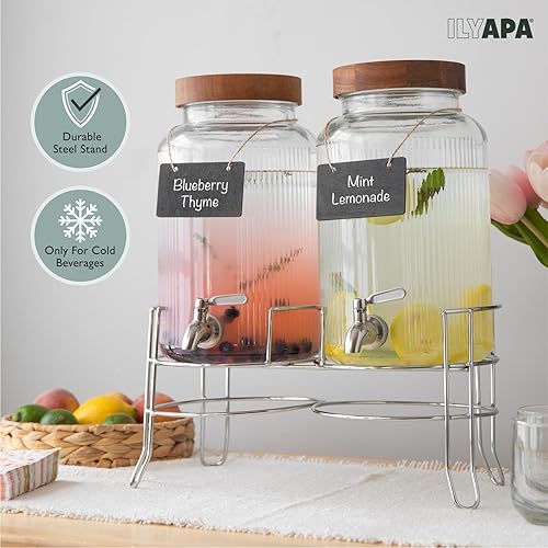 Miniatura 7 de Ilyapa Dispensadores de bebidas de vidrio para fiestas con soporte, paquete de 2, 1.5 galones para agua helada, limonada, jugo, sangría y torre de