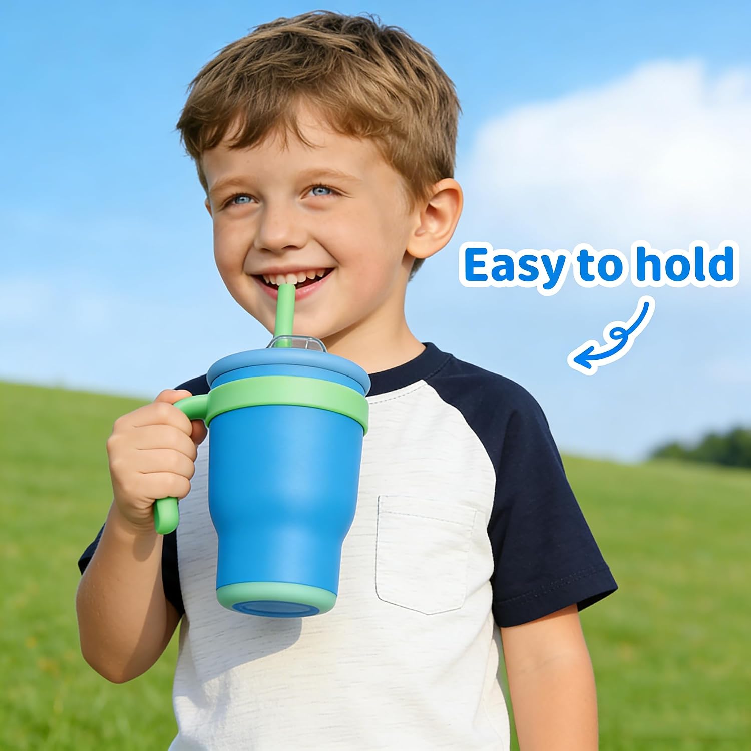 14oz Toddler Sippy Cup Vacuum Insulated Stainless Steel Kids Cup with Handle, Spill-Proof Straw, Leak-Proof Travel Cup for Home or On-the-Go (Deep Blue)