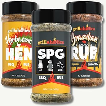 Grillaholics Gourmet Seasoning Trio Bundle Original SPG, Herbacious Hen, and Brazilian Steakhouse Rubs Elevate Your BBQ Experience