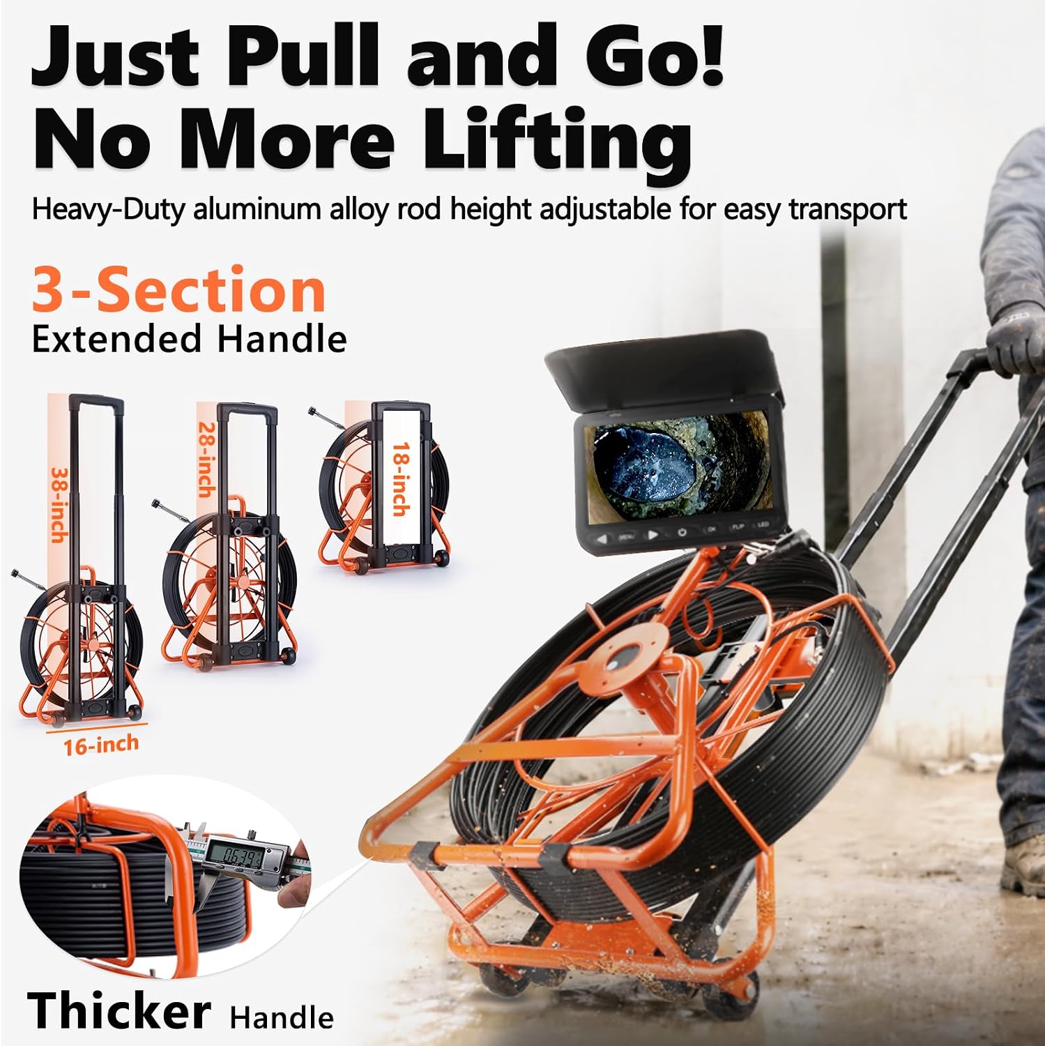 [ChoosePRO®] 7” Trolley Sewer Camera, HD 1080P w/DVR-32GB,[Quick-Unlock Y Clamp] Sewer Pipe Camera,Telescoping Aluminum Handle (3 Adjustable Heights),5000mAh, [360°Rotate] Drain Camera,165ft/50m