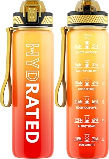 Water Bottle with Straw, 32oz Motivational Water Bottles with Time Marker to Drink, Tritan BPA Free, 1L Sports Water Bottle with Carry Strap LeakProof for Women Gym Fitness Outdoor (1 Pack)