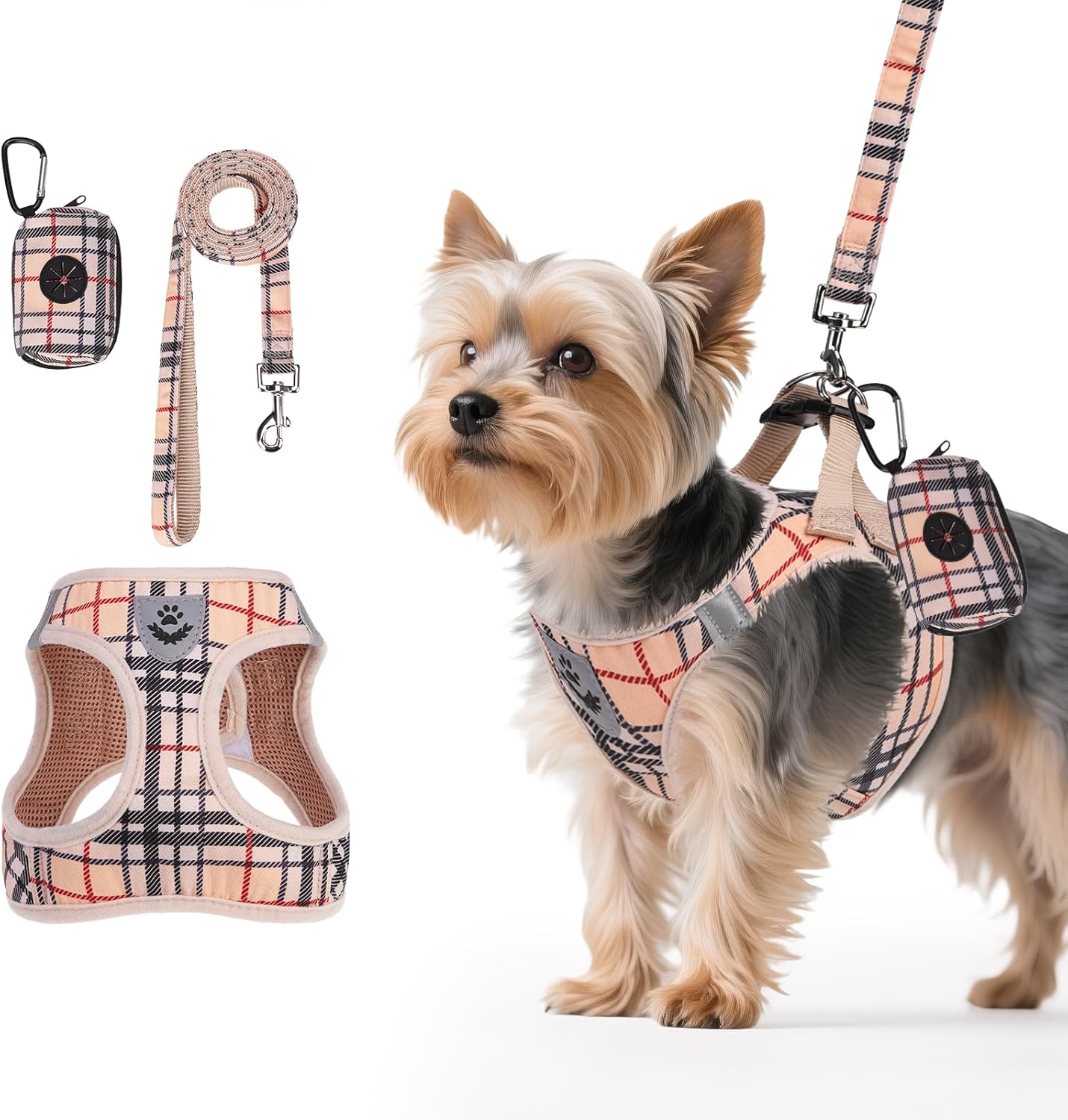 PAWCHIE Dog Harness and Leash Set, Step in No Pull Soft Pet Harness, Reflective Adjustable Puppy Vest for Small Medium Dogs Cats,No Choke Harness Vest with Poop Bag Holder for Walking,Running,Beige XS