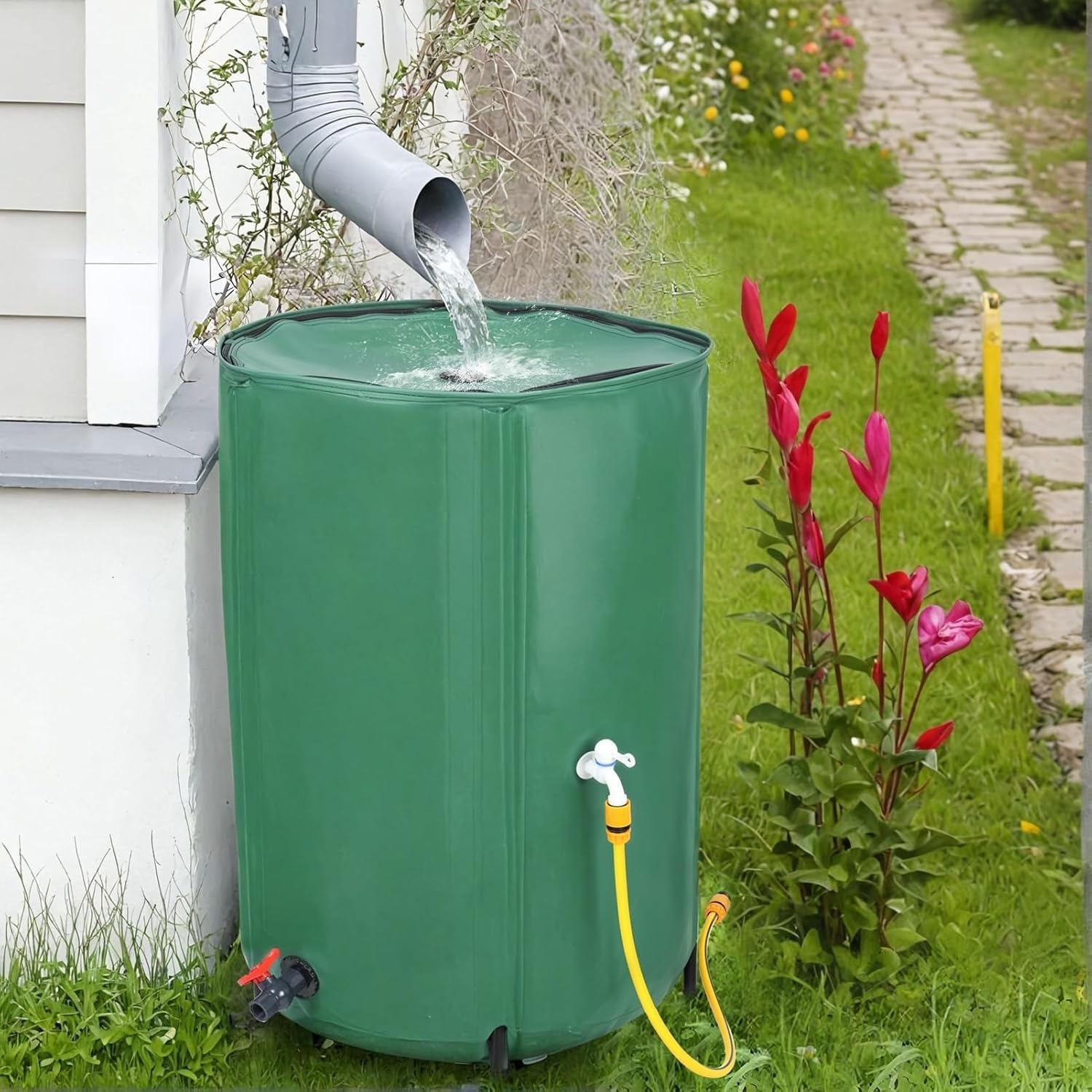 Serbatoio Acqua Piovana Pieghevole 500L 1000L Verde | Cisterna Raccolta con Rubinetto Superiore e Scarico Inferiore, Contenitore Portatile per Giardino, Irrigazione e Campeggio(264 gallons/1000 L)