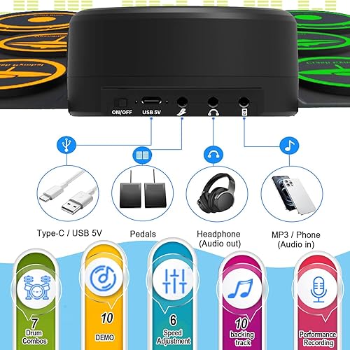 Miniatura 4 de Electric Drum Set, Electronic Drum Practice Pad - with Speaker & Battery, Support DTX Gaming. Roll-Up E Drum Kit for Kids and Adults